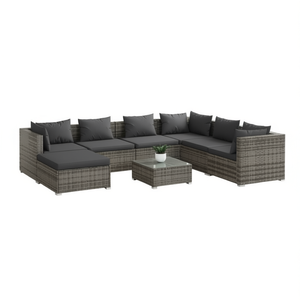 Ensemble de salon de jardin en polyrotin gris 8 pièces avec coussins, mobilier d'extérieur au design contemporain et moderne - Product Image 1