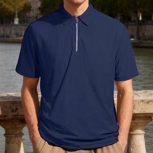 Polo de Verano Casual para Hombre, Estilo Europeo Americano, con Cierre, Manga Corta, Azul Marino, Diseño a Rayas de Poliéster, Corte Holgado - Product Image 1