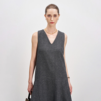 Robe mini sans manches en mélange de laine pour femme, col en V, coupe trapèze, doublée, en tweed gris foncé, robe de bureau d'hiver, vente en gros personnalisée