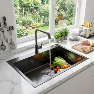 Station de travail de qualité commerciale, évier simple 700x500mm AW-7050 |   201 SS Counter Nano Finition Noire Faite à la Main Garantie 5 Ans - Product Image 1