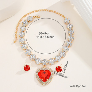 European and American Exaggerated Love Diamond Necklace <b>Earrings</b> Set Red Acrylic Pendant Dress Accessories Bridal Accessories - Product Image 3
