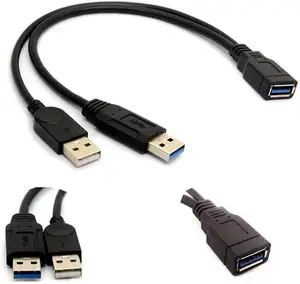 30厘米USB 3.0 USB母到双USB公额外电源数据Y一点两延长线计算机适配器电缆