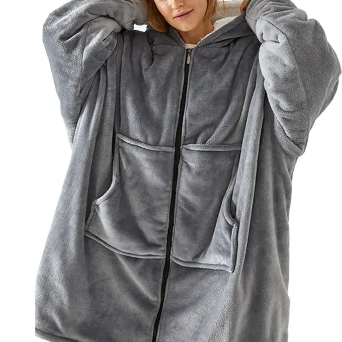 Warm Oversized Wearable Sherpa Hoodie Deken Sweatshirt Met Rits Mouwen