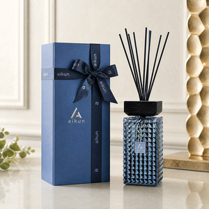Aikun Large Capacity 1000ml Blue Textured Square Glass Bottle Ribbon Gift Boxed Black Fiber Stick Reed <b>Diffuser</b> for Corporate - Product Image 1