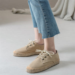 Zapatos planos beige para mujer, zapatos de lona con punta cerrada, alpargatas con cordones de tela, plataforma trenzada, calzado informal de verano - Product Image 5