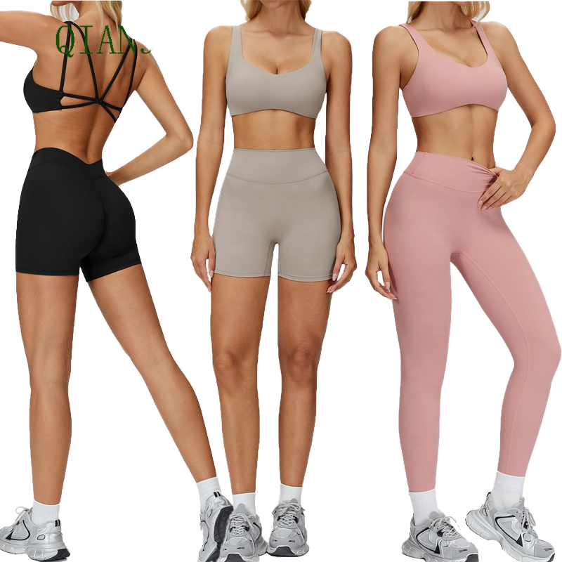 Womens 3 Piece Solid Yoga Set Crisscross Straps High Waist Deep V Neck Sports Bra Leggings Breathable Quick Dry Fitness