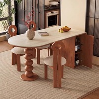 Table à manger pliante en bois massif avec plateau en travertin de style français, table ovale extensible moderne, meuble de rangement pour îlot, salon