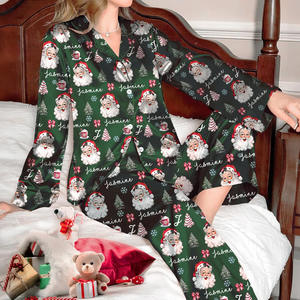 Custom Printed Milk Silk Long Sleeve <strong>Pajamas</strong> For Women Wholesale Button-Down Sleepwear Set Elastic Waist 2 PCS Femme Pyjama - Product Image 4