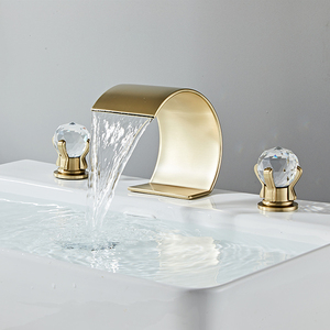 Luxe gepolijste messing badkamerkraan met watervaltuitloop, enkelgats, breed model, wastafelkraan, keramische klep, kristallen knoppen - Product Image 3