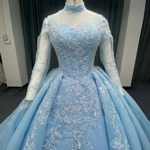 ANY258 Belle robe de soirée bleue à col haut avec paillettes et perles - Product Image 3