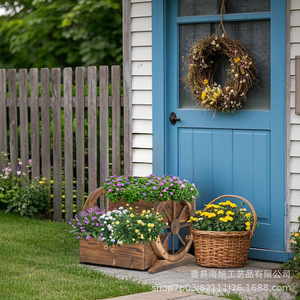 Chariot à fleurs en bois massif pour jardin extérieur, cour, balcon, design rustique, sur pieds, à deux niveaux, avec roulettes - Product Image 1