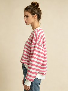 Sweat-shirt rayé à col rond pour femme, pull à manches longues, haut décontracté à imprimé rayé pour femme - Product Image 2