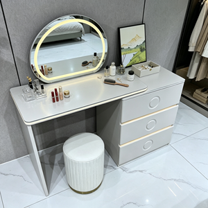Conjunto de tocador moderno blanco con espejo redondo iluminado y gabinete de 3 cajones - Product Image 6