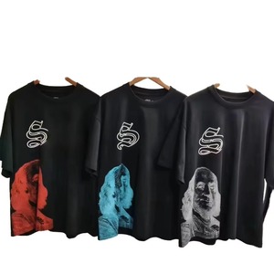 Camiseta Oversize de Algodón 100% para Hombre con Estampado de Diamantes de Imitación y Efecto Desgastado, Manga Corta, Lavado Ácido, Estilo Urbano, Colección Otoño - Product Image 1