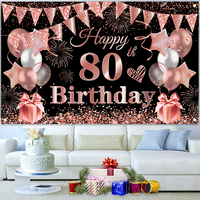 Bannière de décoration de fête d'anniversaire, taille facultative, thème ballon noir et rose, 80e anniversaire, fond de fête, décorations de fête portables