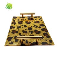Plateau de service rectangulaire en acrylique avec poignées en métal doré, plateau décoratif à imprimé léopard pour la maison, la cuisine et la table