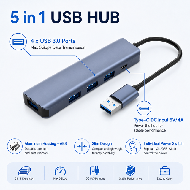 Wholesale Aluminum 5 in 1 USB C Hub with Individual Switches GL3510 Chip 5Gbps Powered 4 Port USB 3.0 Splitter Adapter for PC