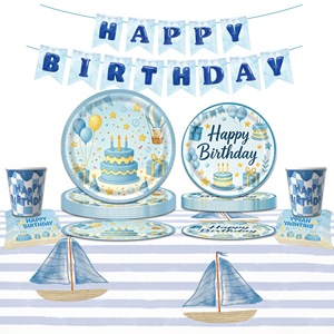 Kit de vaisselle jetable à thème Joyeux Anniversaire avec motif gâteau bleu, comprenant assiettes, gobelets et serviettes, pour anniversaire de garçon et fournitures de fête prénatale - Product Image 1