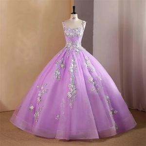 Purple Evening Gown With 3D Floral Embroidery Puffy Skirt Women Stage Performance Long Dress Slim Fit Adult Size - Product Image 1