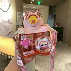 750ml Kids' Plastic Water Cup Student Outdoor Portable Sports Cartoon <b>Straw</b> Water <b>Bottle</b> with Strap - Product Image 3