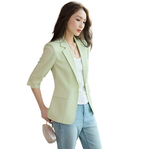 Yellow Linen Blazer For Women Short Sleeve Solid Color Spring Summer Casual Wear Slim Fit With Pocket - Product Image 5