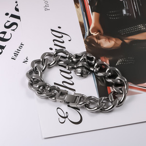 Skull Bracelet Cuban <b>Chain</b> Silver <b>Titanium</b> Steel Men Punk Retro Style CE629 - Product Image 4