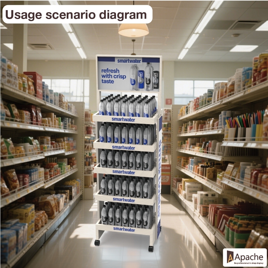 Apache Customized Foldable Modern Wooden Floor Stand Supermarket Rack Water Bottle Display Stand Quick Installation for Retail — view 6