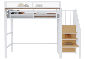 <span class=keywords><strong>Lit</strong></span> superposé moderne <span class=keywords><strong>en</strong></span> <span class=keywords><strong>métal</strong></span> <span class=keywords><strong>blanc</strong></span> avec escalier, étagère de chevet, garde-corps antidérapant et espace de rangement/lieu de travail multifonctionnel - Product Image 5