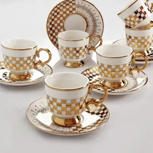 본 차이나 도자기 아랍어 세트 컵 커피 금도금 디자인 터키 멋진 커피 컵과 접시 찻잔 세트 레스토랑