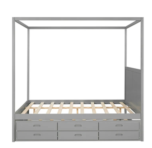 Queen Size Hemelbed Met Uitschuifbed En Lades, Massief Houten Hemelbed Met 3 Opbergladen - Product Image 4