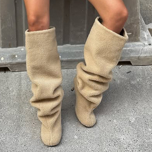 Botas altas de mujer con forro de piel grueso, tacones finos, estilo holgado para invierno, punta cuadrada, parte superior plisada, botines largos - Product Image 4