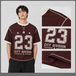 Custom 300Gsm Cotton <b>T</b>-<b>shirt</b> Oversized <b>Ringer</b> Neck Graphic Tee Contrast Rib Streetwear Men <b>T</b> <b>Shirt</b> - Product Image 2