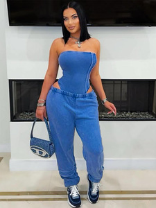 C0475 Retro <strong>Strapless</strong> Slim Fitting <strong>Bodysuit</strong> and Sport Pants Knitted High-quality Two Piece Set Women - Product Image 3