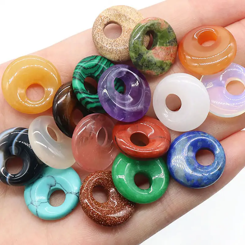 18mm Natural crystal stone Safe buckle pendant 6mm big hole Circle donut charm pendant for DIY necklace