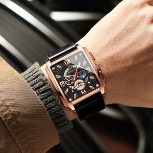 Binbond Square Skeleton Quartz Watch Men's Leather Strap Moon Phase Analog 30M Waterproof B6575 - Product Image 2