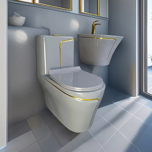 Ensemble de toilettes en céramique moderne gris et or, WC monobloc, lavabo, cuvette de toilette, sanitaires en céramique, salle de bain - Product Image 1