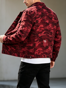 <strong>Men</strong> <strong>Red</strong> Camouflage Ripped Denim Trucker Jacket Distressed Vintage Streetwear Casual Long Sleeve Breathable 100% Cotton <strong>Jean</strong> - Product Image 4