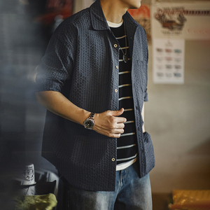 Chemise Maden pour <span class=keywords><strong>homme</strong></span> en seersucker à <span class=keywords><strong>carreaux</strong></span>, style vintage, en gaze texturée, patchwork vieilli, col contrastant, <span class=keywords><strong>surchemise</strong></span> printemps RTS - Product Image 3