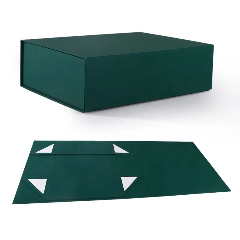 High quality color printed foldable gift boxes dark green folding box for flat transport