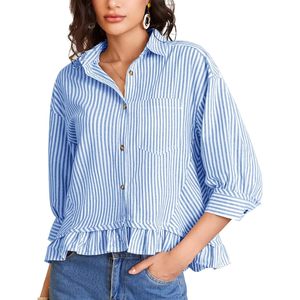Chemisier rayé boutonné pour femme, manches 3/4, ourlet à volants, en popeline de coton, haut décontracté à épaules tombantes, chemise d'été - Product Image 1