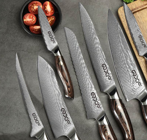 طقم سكاكين دمشقي 7 قطع، 67 طبقة من فولاذ VG10، سكاكين مطبخ يدوية الصنع بلمعة مرآة، سكين شيف دمشقي بمقبض خشبي - Product Image 6