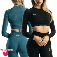 Ensemble de yoga sans couture respirant en spandex pour femmes, avec logo personnalisé, haut court à manches longues et short, vente en gros d'usine