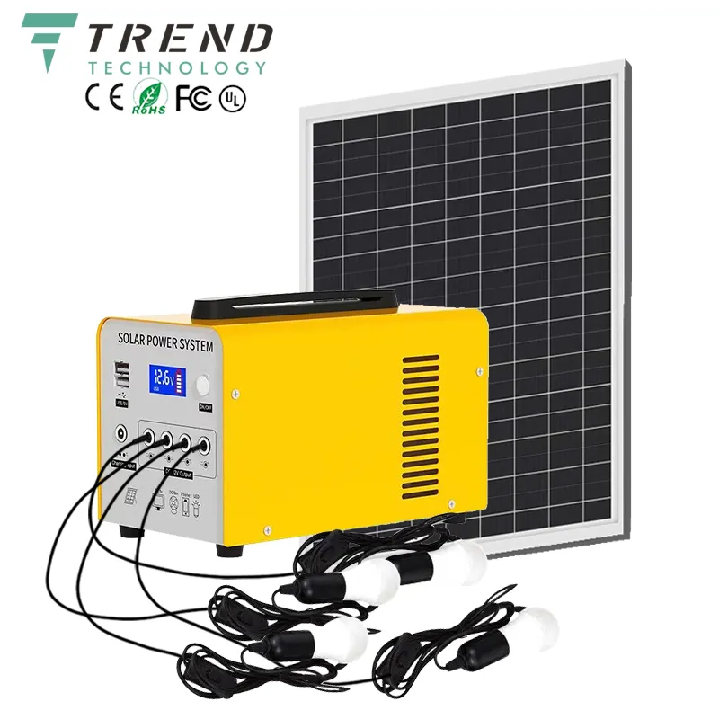 전구와 휴대용 납산 배터리 태양 에너지 시스템 가정 조명 전화 충전기 전원 스테이션 태양열 패널 야외