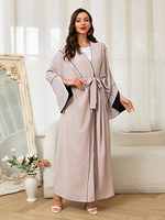Robe élégante Abaya ouverte réversible beige noir à manches longues avec nœud à la taille réglable Design double face