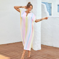 Robe de plage dégradée à manches courtes en polyester 100 %, col en V, protection solaire, best-seller Amazon, couleurs arc-en-ciel
