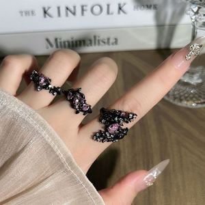 Pink Zircon Black Copper Gold Plated Band <b>Adjustable</b> <b>Ring</b> for Women Bohemia Thorn Crow Heart Butterfly Punk Jewelry - Product Image 2