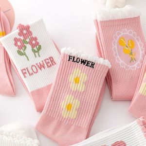 Pink Floral Mid Calf Socks For Women Breathable Jacquard Knee High Casual Sport Style - Product Image 2