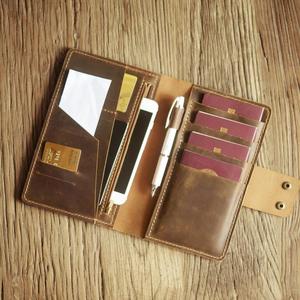 Crazy Horse Long Wallet Custom Logo Vegetable Tanned <b>Leather</b> <b>Passport</b> <b>Cover</b> for Men - Product Image 1