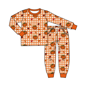 Ensembles personnalisés pour bébés garçons : T-shirt et pantalon de jogging en soie de lait à carreaux citrouille, vêtements d'automne pour tout-petits, vente en gros pour frères - Product Image 3