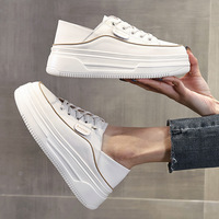 Baskets compensées épaisses pour femme, en cuir véritable, à lacets et surpiqûres contrastées, style décontracté, à porter de deux façons, blanches